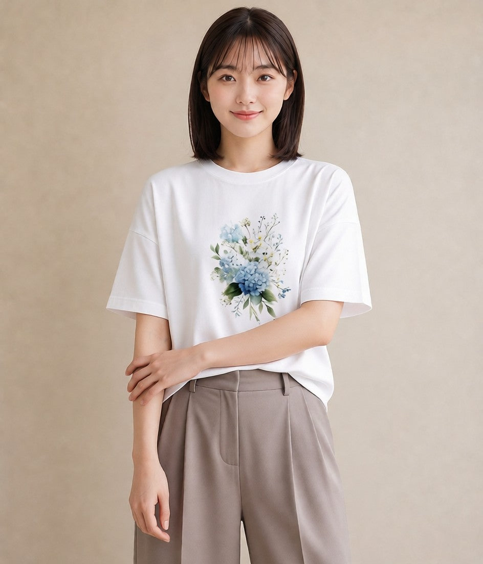 Tシャツ レディース あじさい 紫陽花 アジサイ 花 花柄 イラスト こなれ感 帰省 ラフ 白T YMAZO