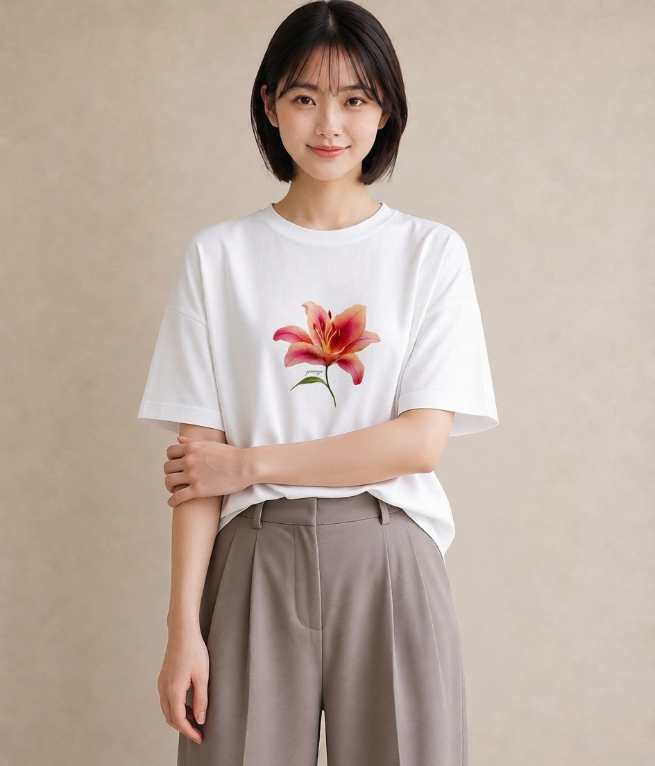半袖Tシャツ レディース 彼岸花 花 花柄 イラスト ラフ カジュアルコーデ 買い物 白T YMAZO