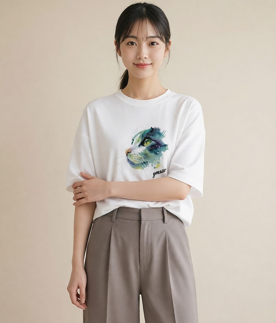 Tシャツ レディース 猫好き 猫 ねこ イラスト こなれ感 女子会 お揃い 白T YMAZO