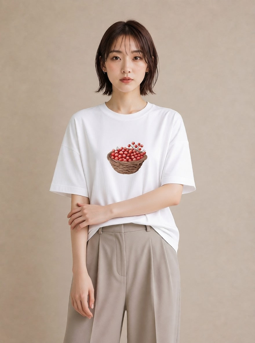 Tシャツ レディース 実り 植物 ボタニカル イラスト モード 社会人 女性 白T YMAZO
