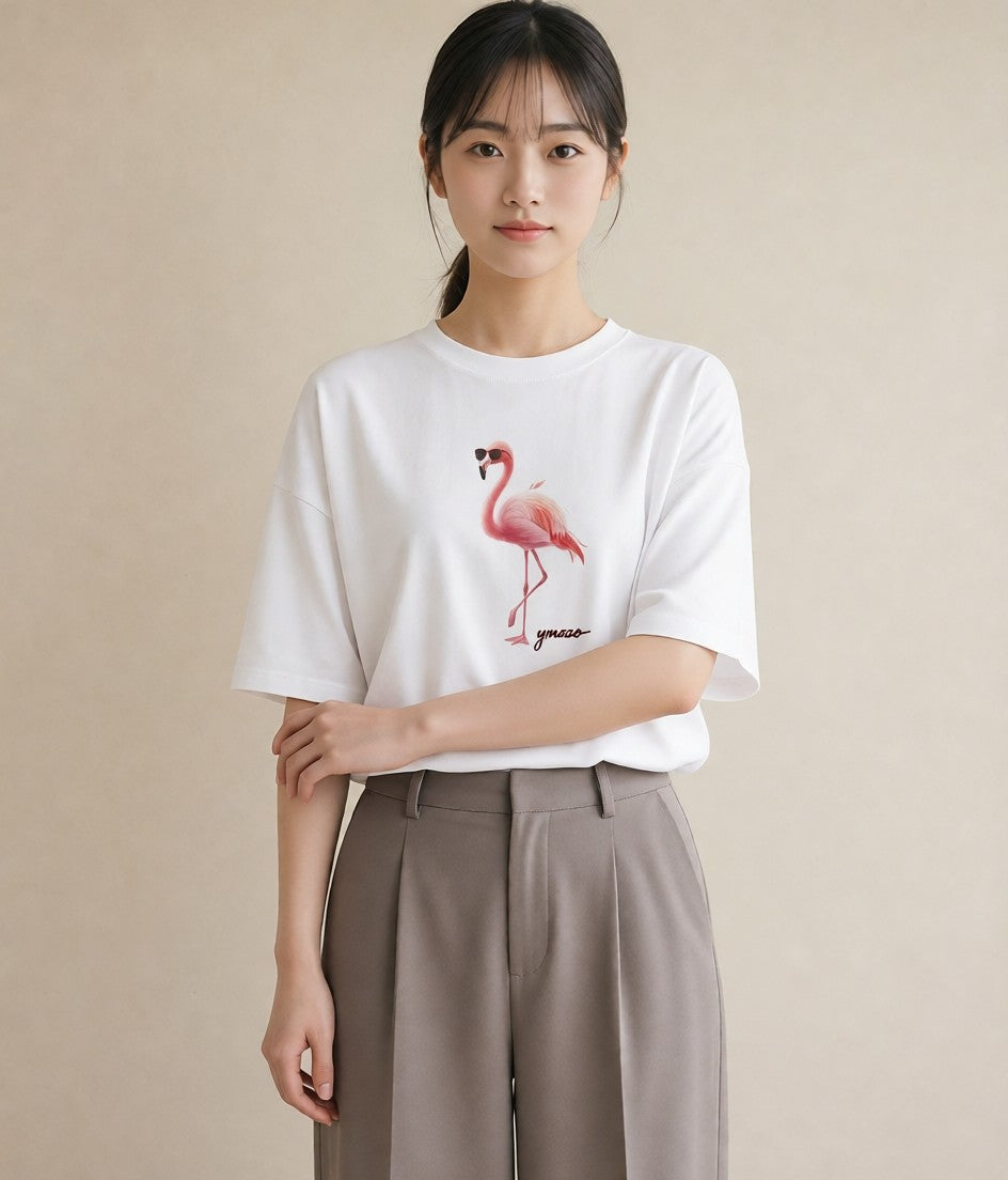 半袖Tシャツ レディース フラミンゴ 動物 アニマル イラスト シック 親子 20代 白T YMAZO