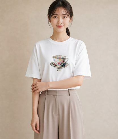 半袖Tシャツ レディース 紅茶 食べ物 フード イラスト きれいめ 女子会 お揃い 白T YMAZO