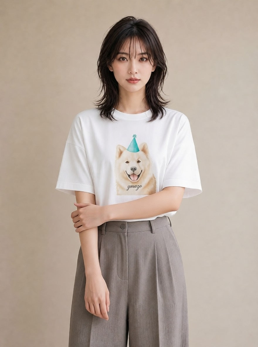 Tシャツ レディース サモエド 犬 いぬ イラスト 旅行コーデ 春服 ミセス 白T YMAZO