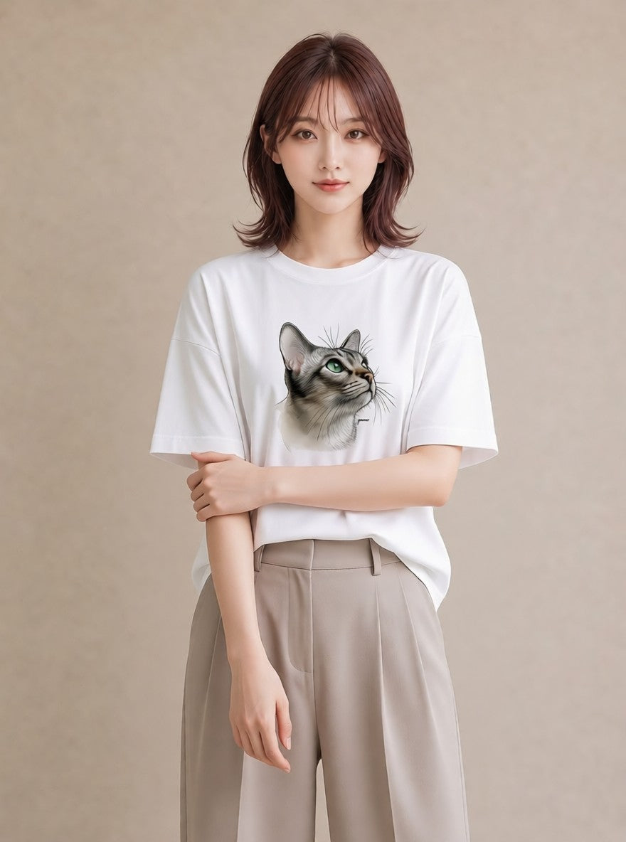 デザインTシャツ レディース アメリカンショートヘア 猫 ねこ イラスト こなれ感 秋コーデ おしゃれギフト 白T YMAZO