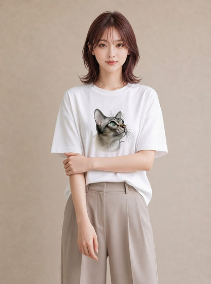 デザインTシャツ レディース アメリカンショートヘア 猫 ねこ イラスト こなれ感 秋コーデ おしゃれギフト 白T YMAZO