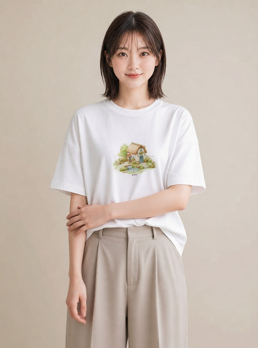 Tシャツ レディース 湖畔の小屋 湖 小屋 ナチュラル アンティーク イラスト きれいめカジュアル 部屋着 女性向けギフト 白T YMAZO