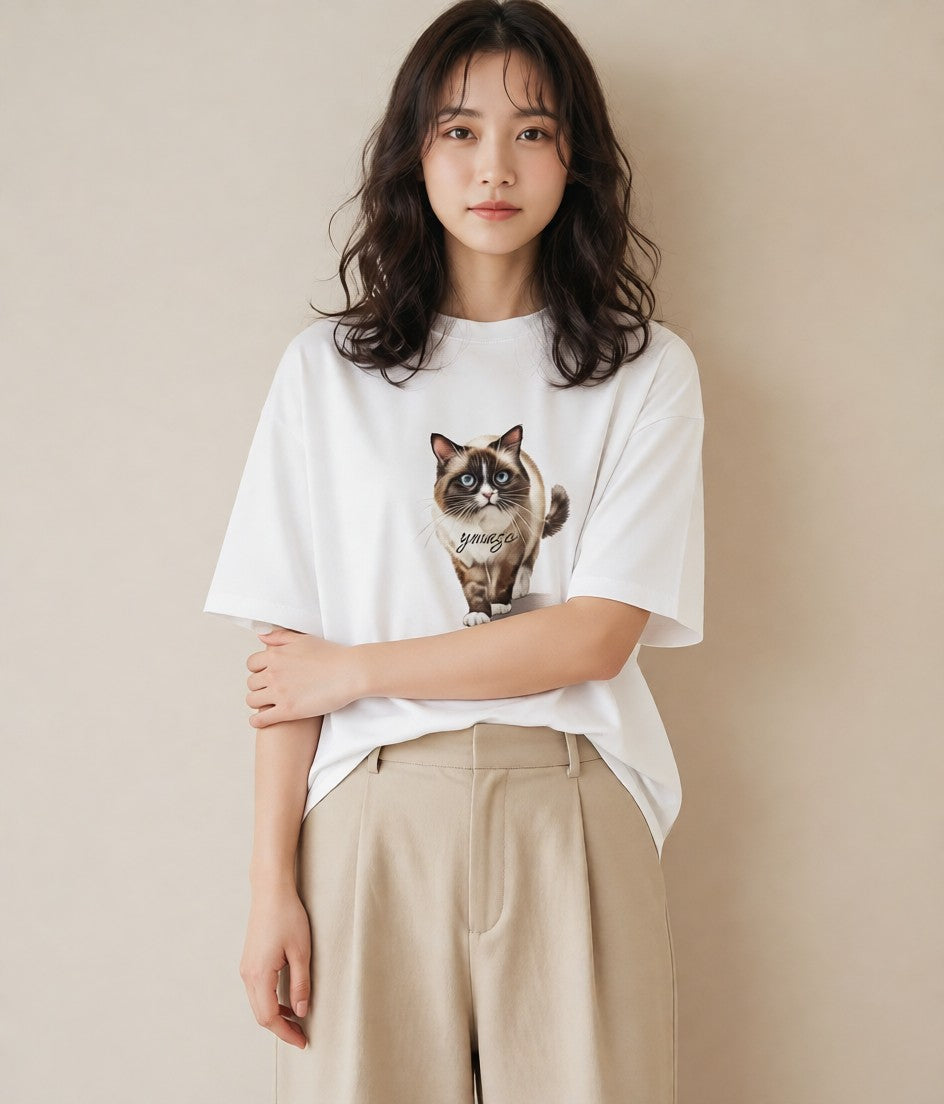 デザインTシャツ レディース 愛猫 猫 ねこ イラスト モード デート 帰省 白T YMAZO