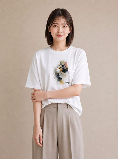 半袖Tシャツ レディース 靴下猫 猫 ねこ イラスト アート風 帰省 ラフ 白T YMAZO
