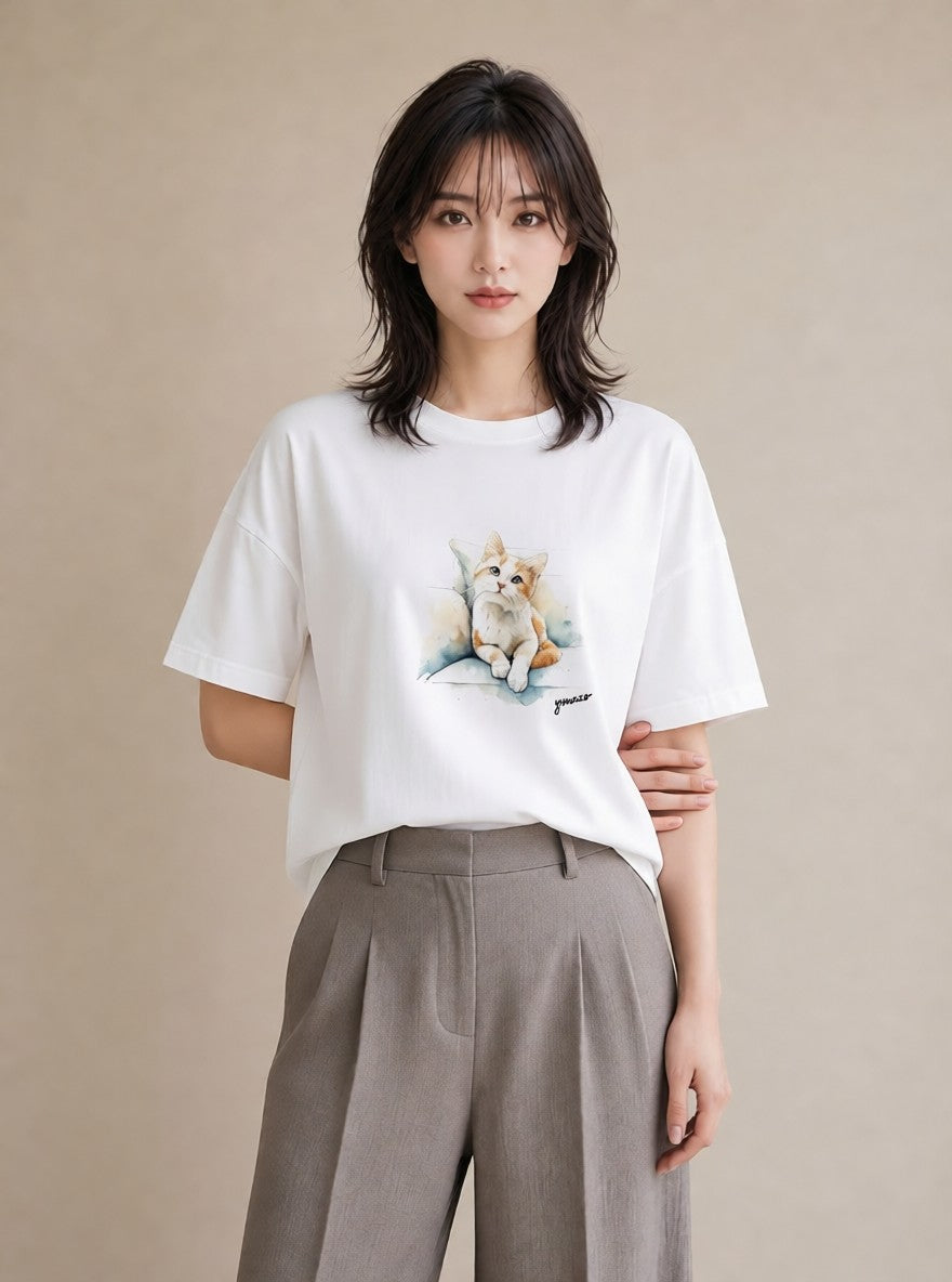 デザインTシャツ レディース サバトラ 猫 ねこ イラスト シック 母の日 ビーチ 白T YMAZO