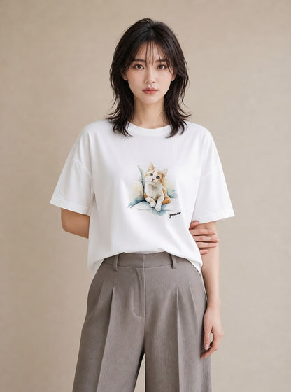 デザインTシャツ レディース サバトラ 猫 ねこ イラスト シック 母の日 ビーチ 白T YMAZO