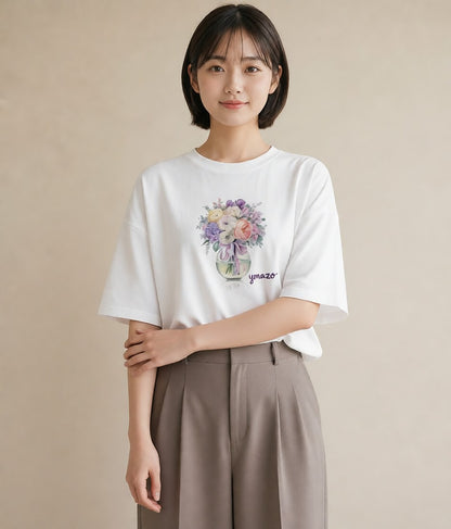 プリントTシャツ レディース ガラス瓶 小枝 ボタニカル ナチュラル アンティーク イラスト シック 通勤 在宅 白T YMAZO