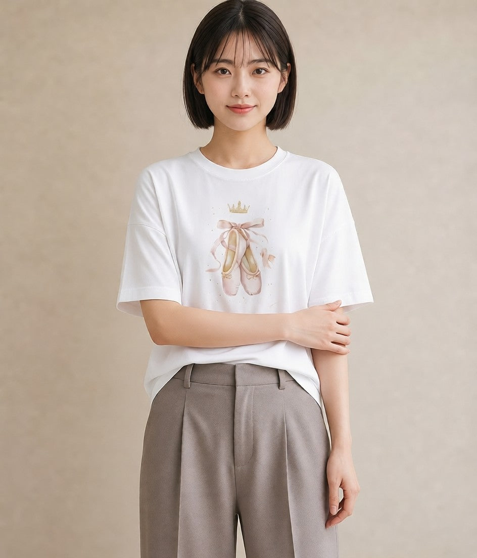 Tシャツ レディース バレエシューズ バレエ トウシューズ ナチュラル アンティーク イラスト ゆるコーデ 通学 誕生日プレゼント 白T YMAZO