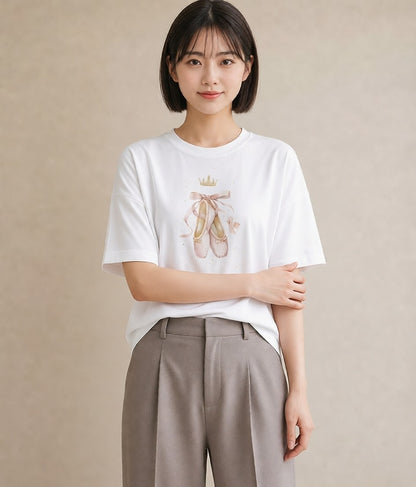 Tシャツ レディース バレエシューズ バレエ トウシューズ ナチュラル アンティーク イラスト ゆるコーデ 通学 誕生日プレゼント 白T YMAZO