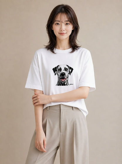 プリントTシャツ レディース ダルメシアン 犬 いぬ イラスト 淡色 カフェ服 クリスマス 白T YMAZO