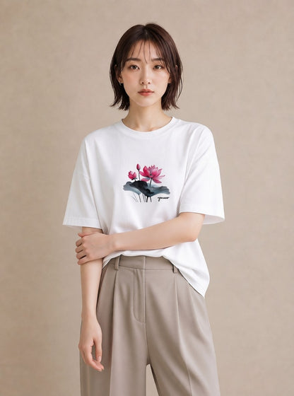 デザインTシャツ レディース 蓮 花 花柄 イラスト 可愛い カフェ服 クリスマス 白T YMAZO