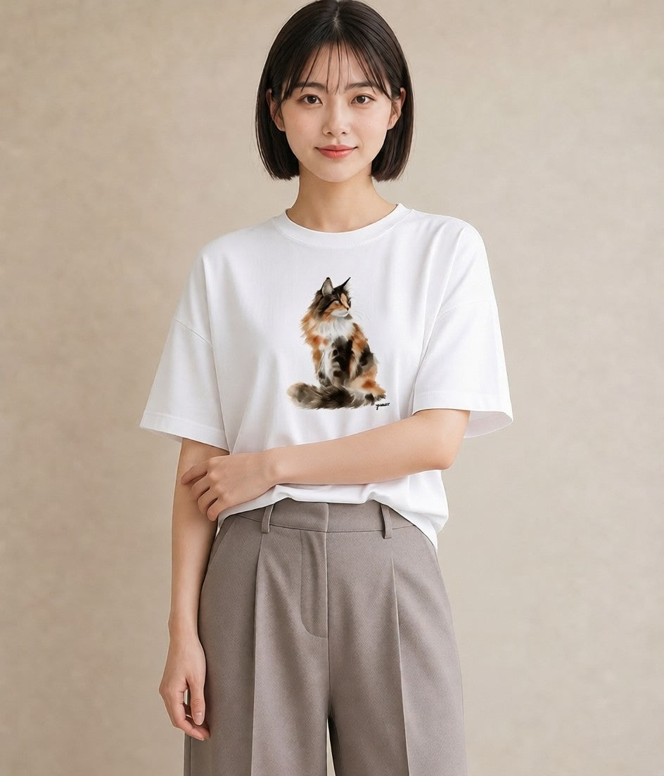 Tシャツ レディース ぶち猫 猫 ねこ イラスト 手描き風 普段着 週末コーデ 白T YMAZO