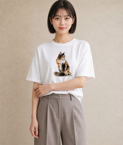 Tシャツ レディース ぶち猫 猫 ねこ イラスト 手描き風 普段着 週末コーデ 白T YMAZO