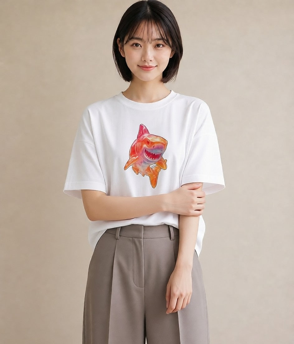 半袖Tシャツ レディース サメ 海の生き物 海 イラスト ニュアンス 女性 旅行用 白T YMAZO