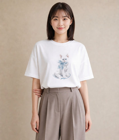 半袖Tシャツ レディース 猫 ねこ イラスト ラフ 自分用 ルームウェア 白T YMAZO