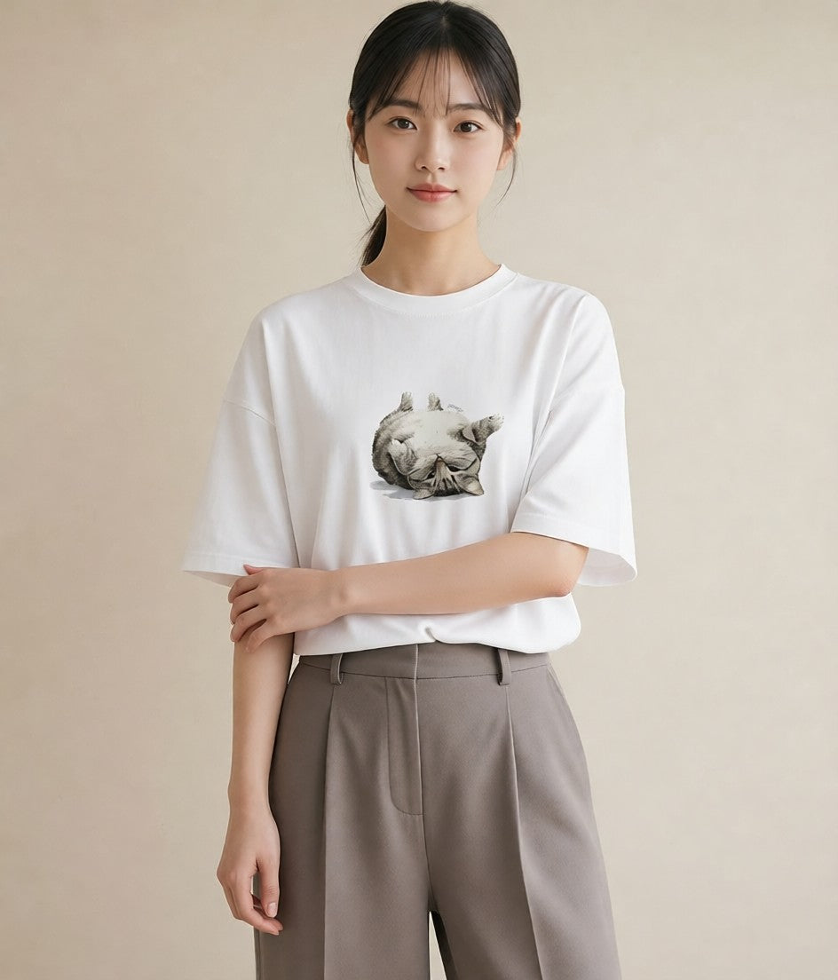 プリントTシャツ レディース アメリカンショートヘア 猫 ねこ イラスト 可愛い 海 カフェ巡り 白T YMAZO