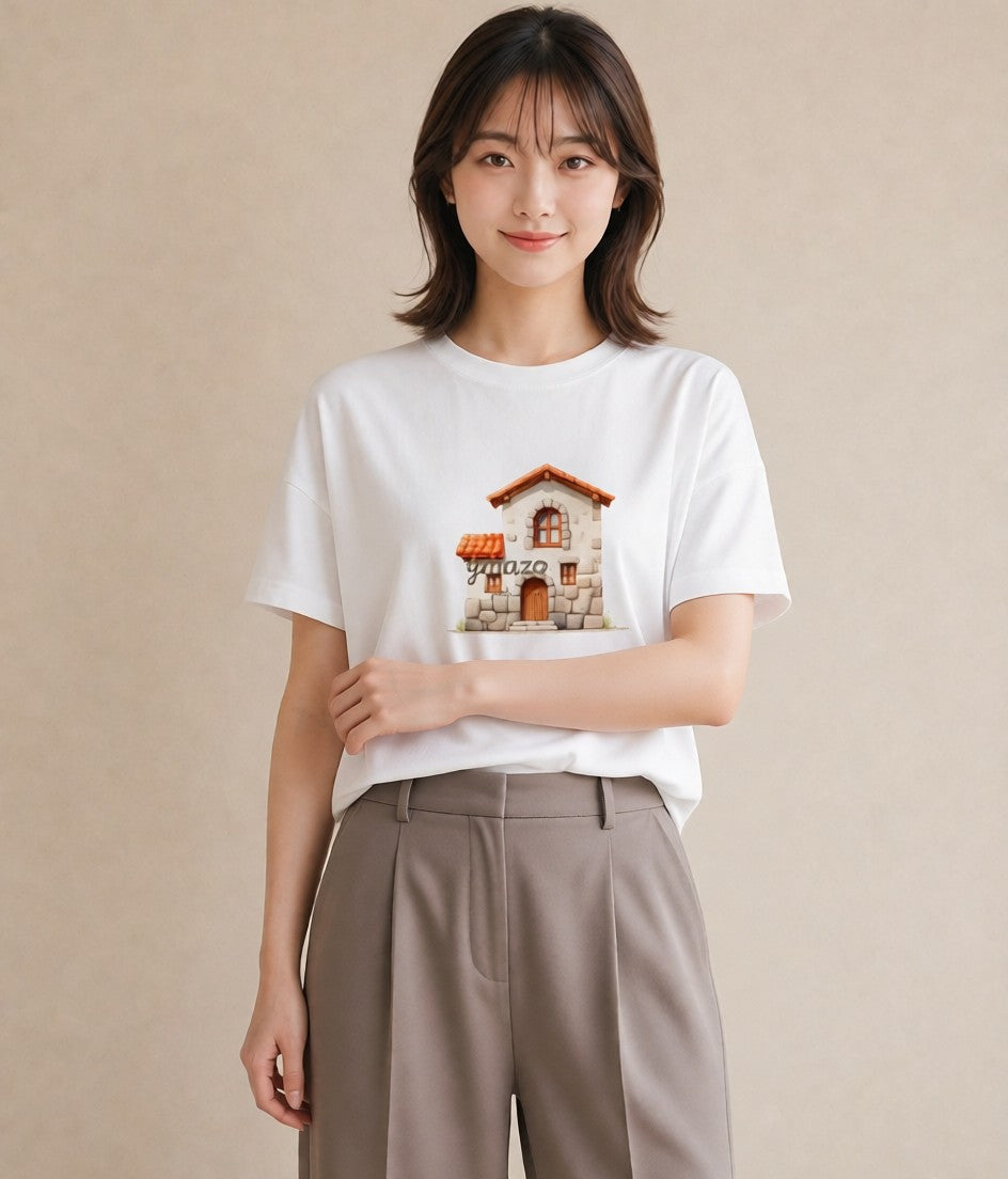 半袖Tシャツ レディース 湖畔の小屋 湖 小屋 ナチュラル アンティーク イラスト ボタニカル ミセス 春コーデ 白T YMAZO