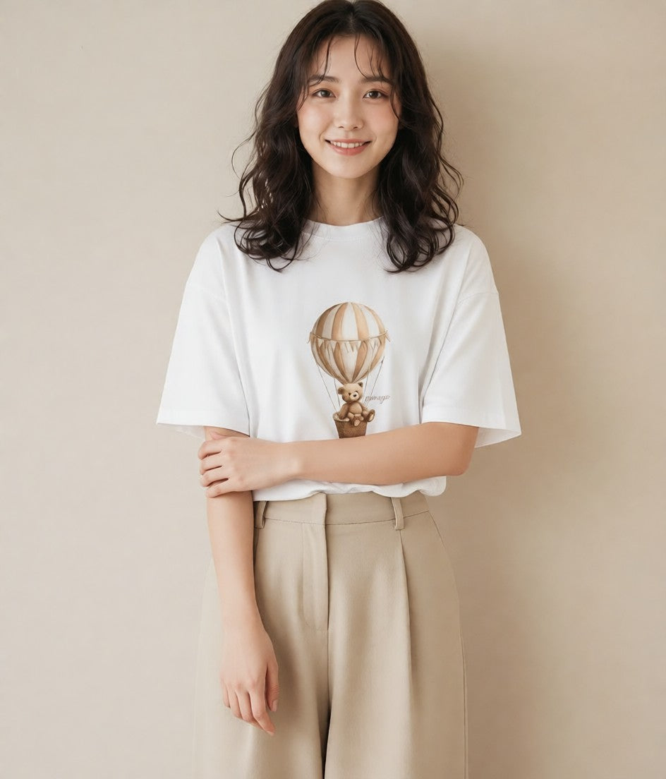 グラフィックTシャツ レディース 気球 星空 宇宙 イラスト こなれ感 母娘コーデ 自分用 白T YMAZO