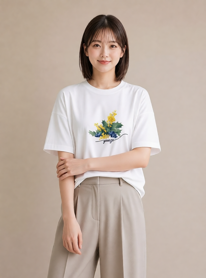 半袖Tシャツ レディース ミモザ 花 花柄 イラスト ユニーク 女性向けギフト 散歩 白T YMAZO
