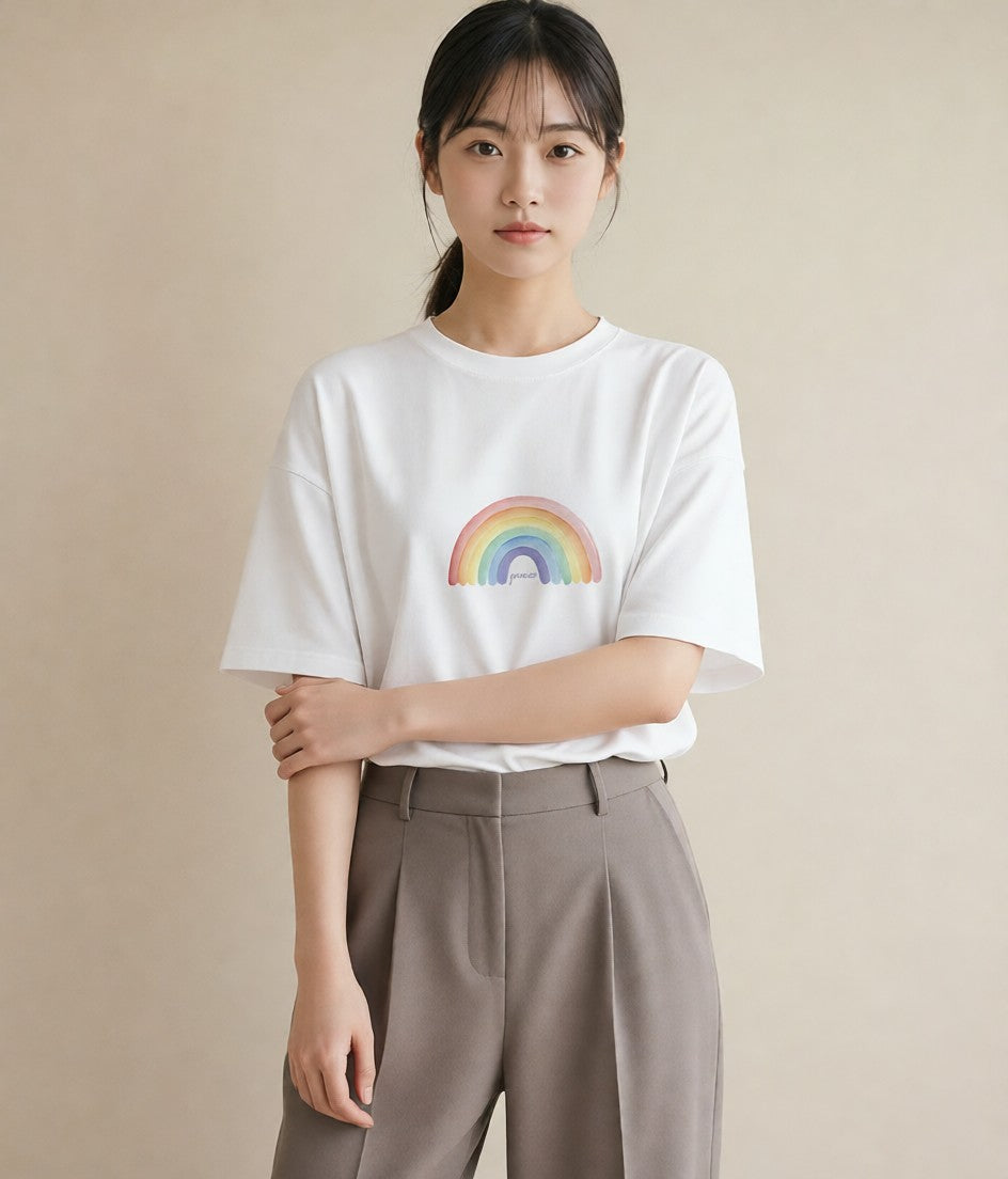 プリントTシャツ レディース 虹 星空 宇宙 イラスト シック カジュアルコーデ 買い物 白T YMAZO