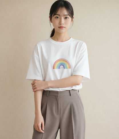 プリントTシャツ レディース 虹 星空 宇宙 イラスト シック カジュアルコーデ 買い物 白T YMAZO