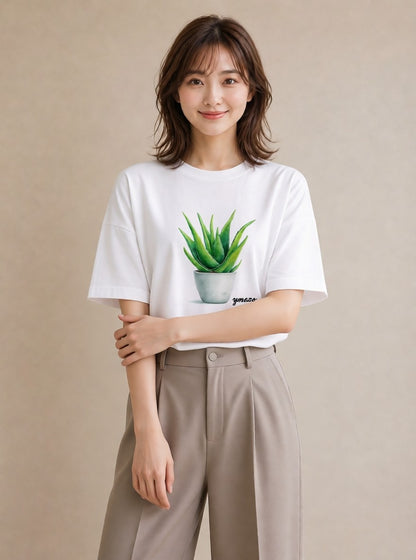 プリントTシャツ レディース サボテン 植物 ボタニカル イラスト カフェコーデ 夏コーデ 通学 白T YMAZO