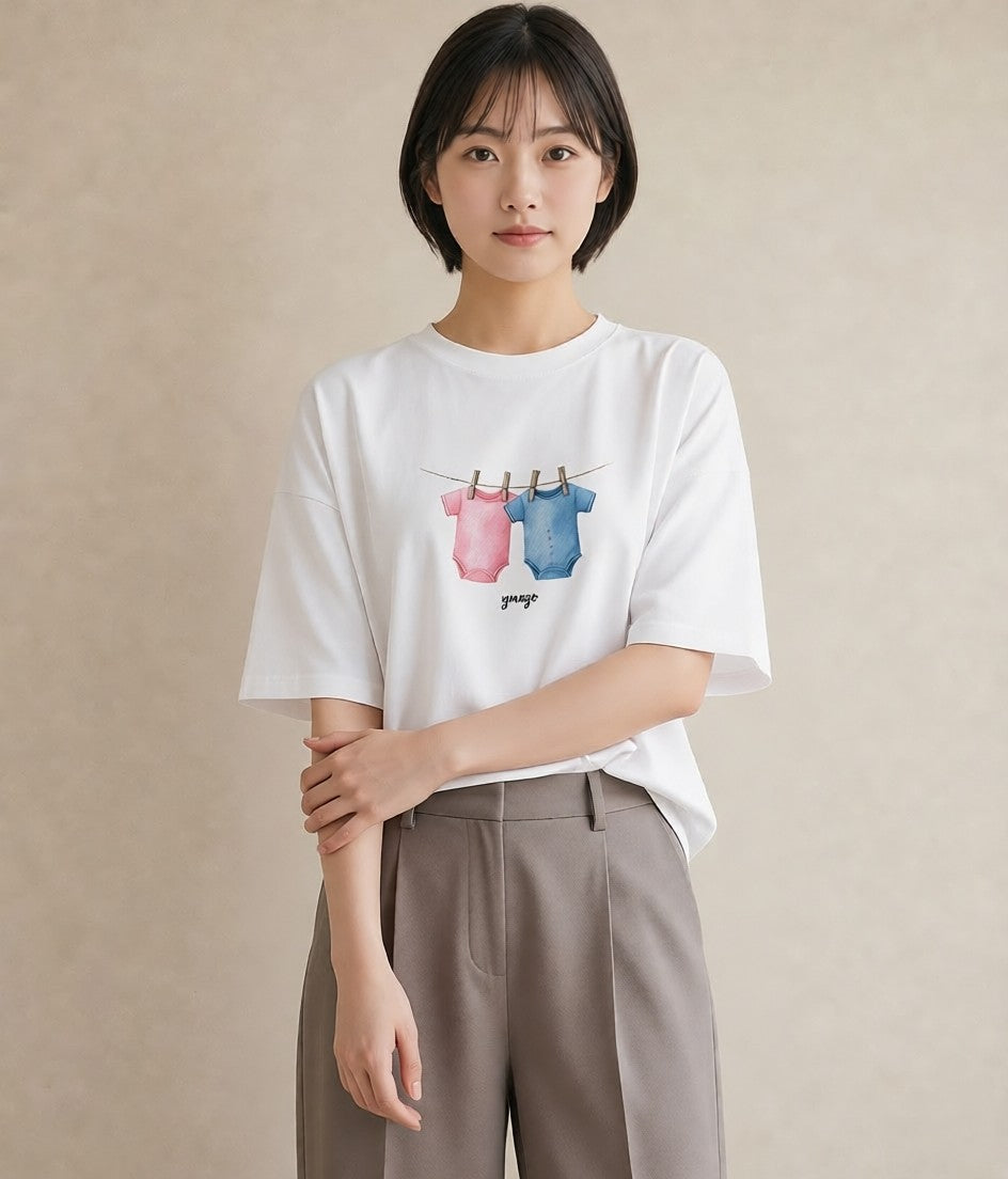 半袖Tシャツ レディース 洗濯物 風 ナチュラル アンティーク イラスト ガーリー ペアコーデ 秋コーデ 白T YMAZO