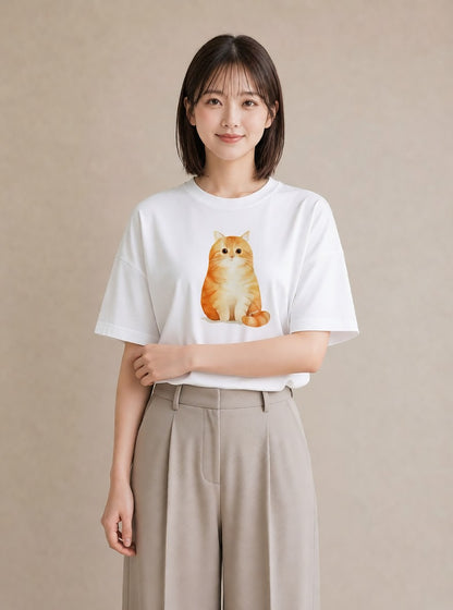 半袖Tシャツ レディース おすわり猫 猫 ねこ イラスト 手描き風 親子 20代 白T YMAZO