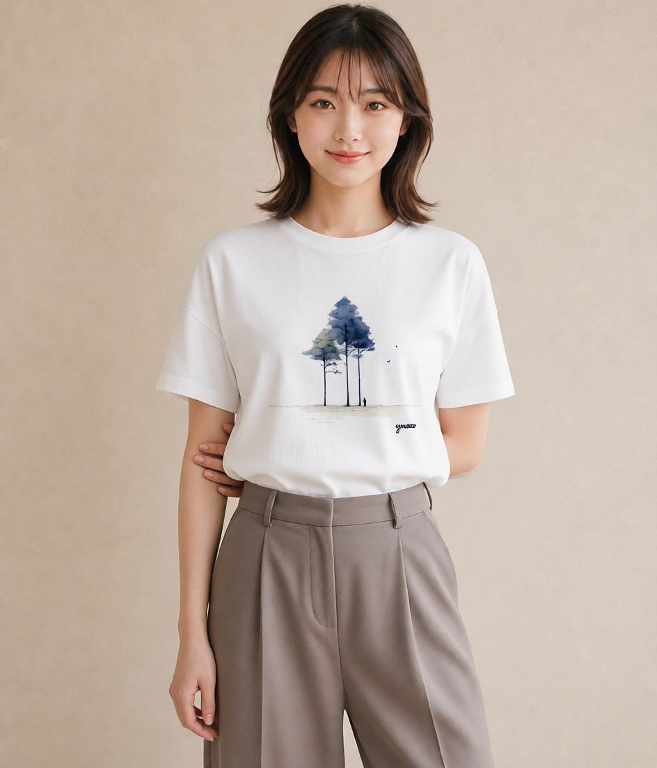 Tシャツ レディース 遠い家と鳥 風景 鳥 ナチュラル アンティーク イラスト 個性的 ラフ レイヤード 白T YMAZO