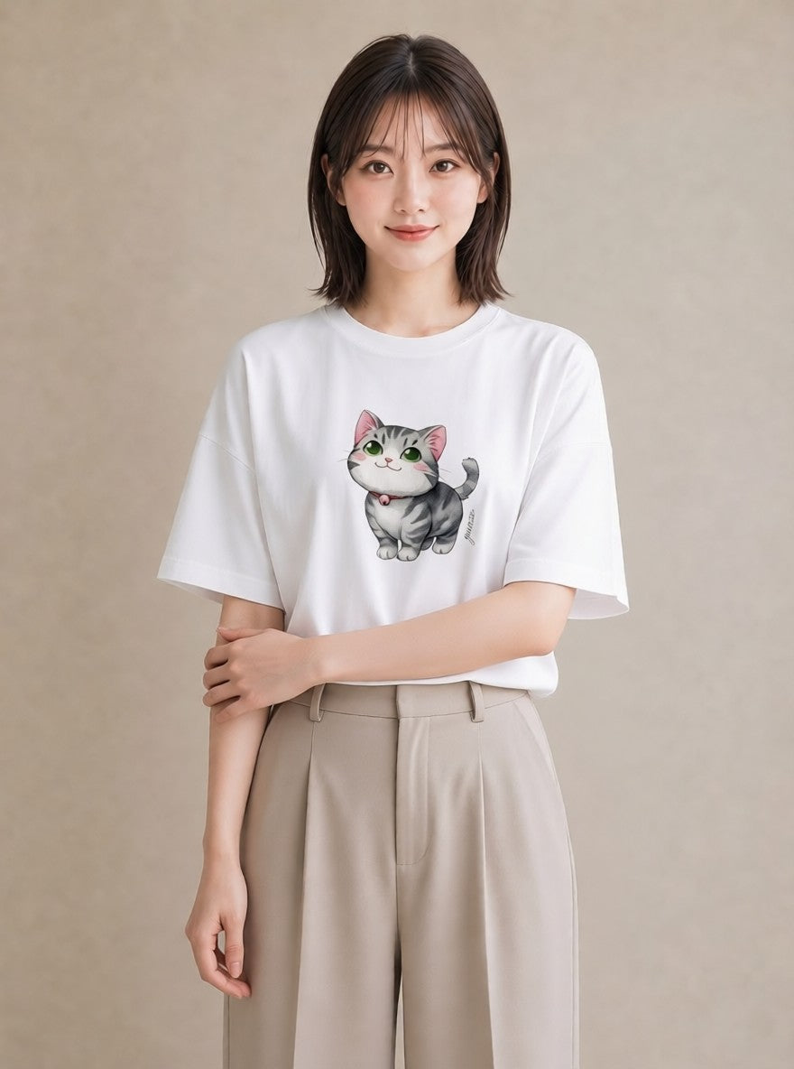 デザインTシャツ レディース ベンガル 猫 ねこ イラスト 綿100 デート 白T YMAZO