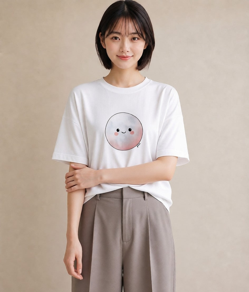 半袖Tシャツ レディース 月 星空 宇宙 イラスト 淡色 買い物 夏コーデ 白T YMAZO