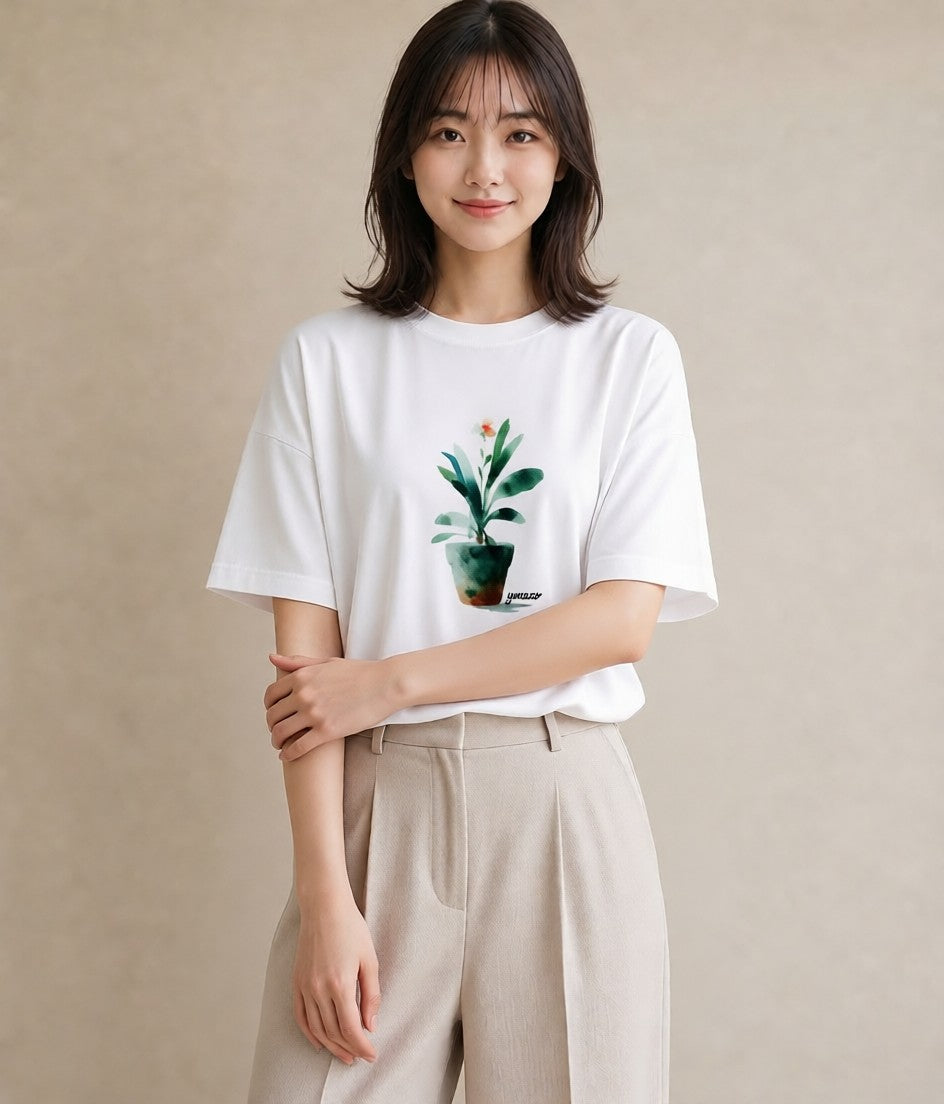 デザインTシャツ レディース 多肉植物 植物 ボタニカル イラスト ニュアンス 散歩 お出かけ 白T YMAZO
