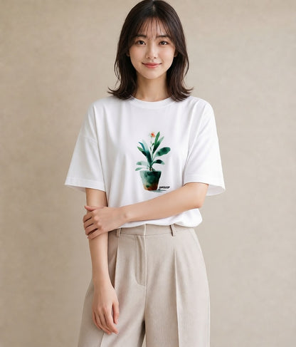 デザインTシャツ レディース 多肉植物 植物 ボタニカル イラスト ニュアンス 散歩 お出かけ 白T YMAZO