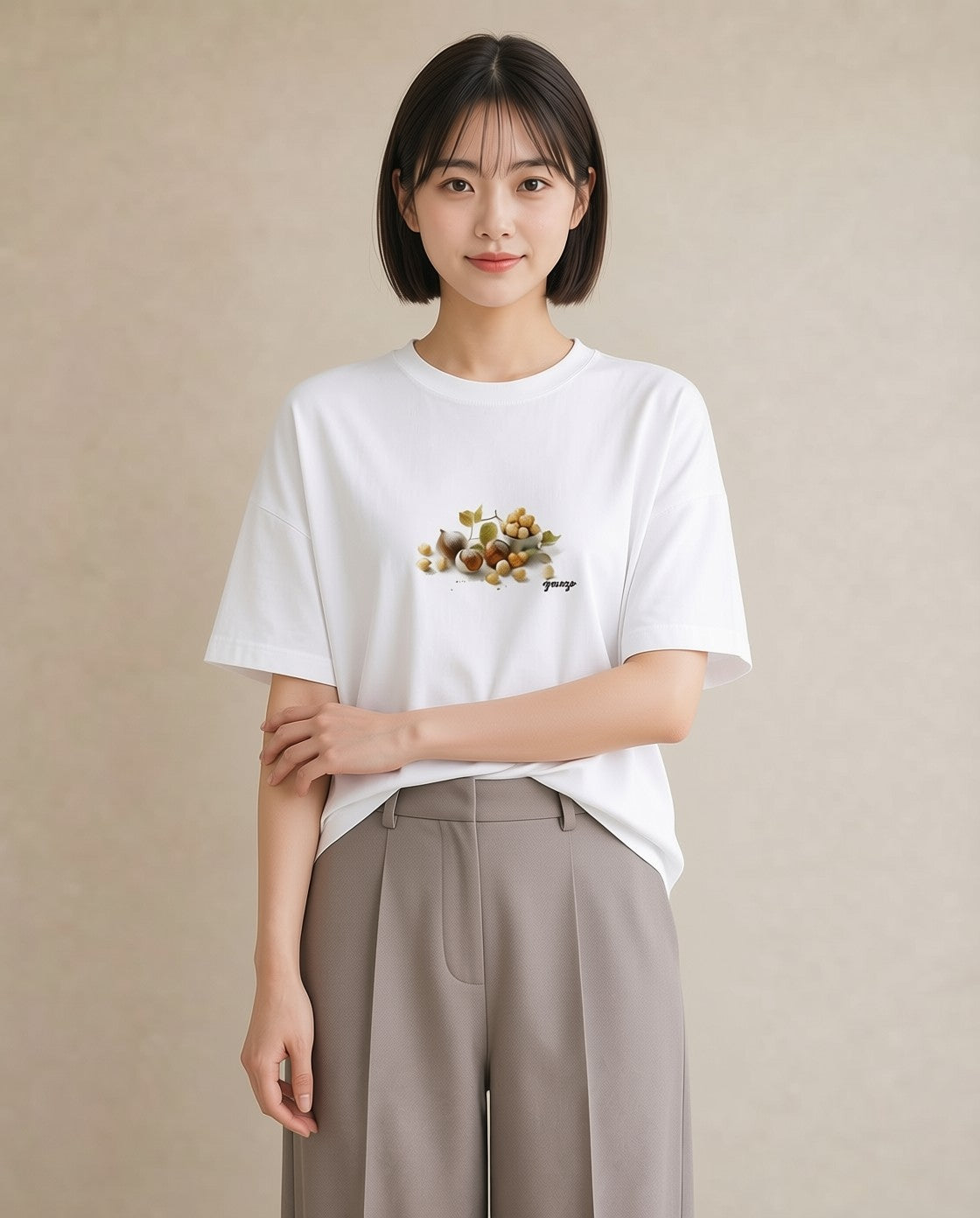 グラフィックTシャツ レディース どんぐり 植物 ボタニカル イラスト ユニーク 女性向けギフト 散歩 白T YMAZO
