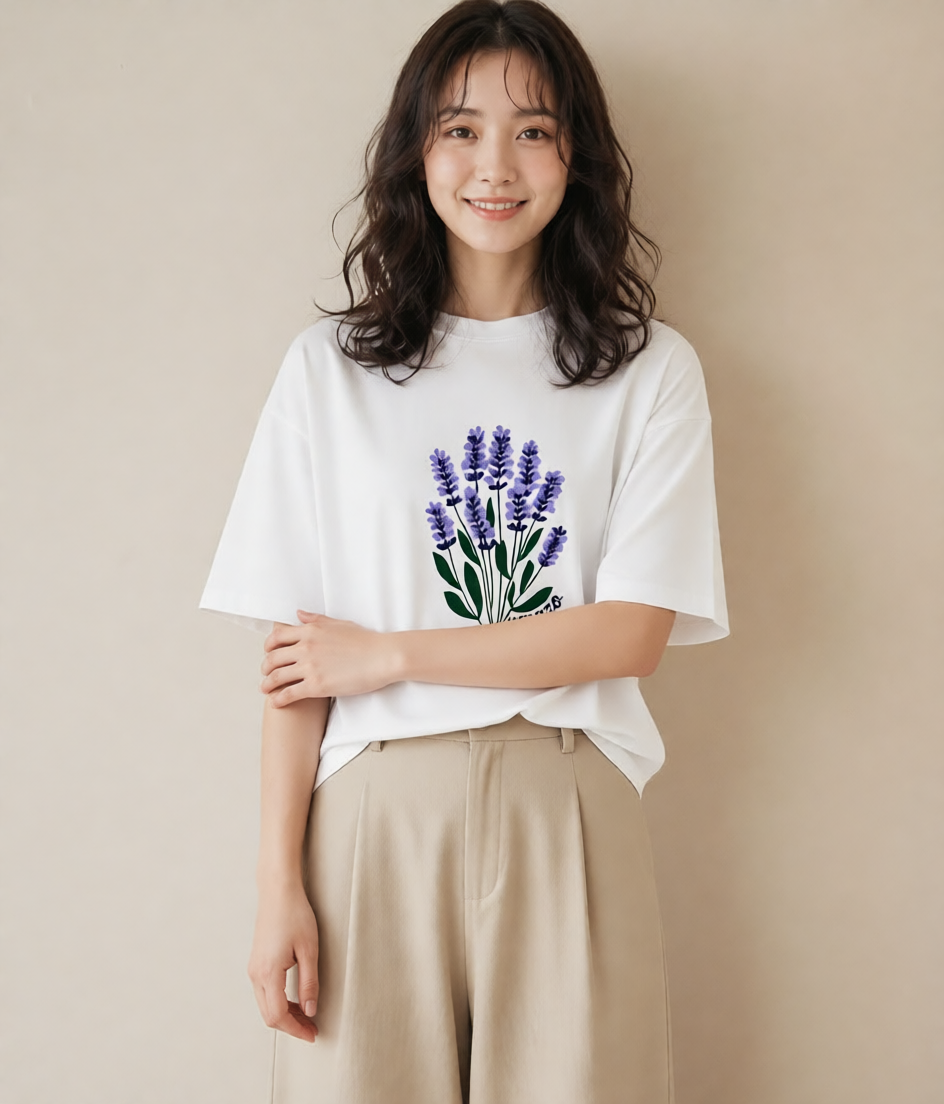 Tシャツ レディース ラベンダー 花 花柄 イラスト アート風 ギフト 母の日 白T