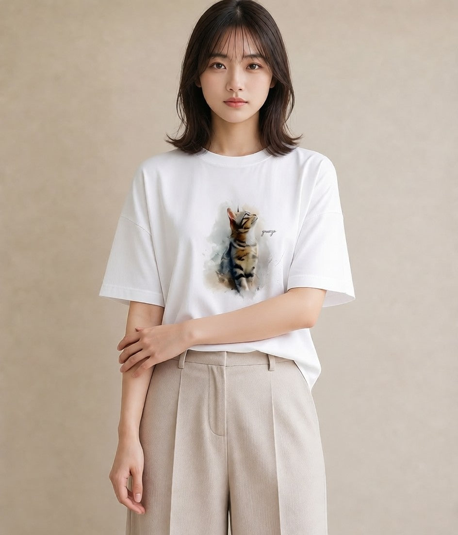 デザインTシャツ レディース メインクーン 猫 ねこ イラスト 韓国風 母の日 ビーチ 白T YMAZO