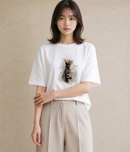 デザインTシャツ レディース メインクーン 猫 ねこ イラスト 韓国風 母の日 ビーチ 白T YMAZO