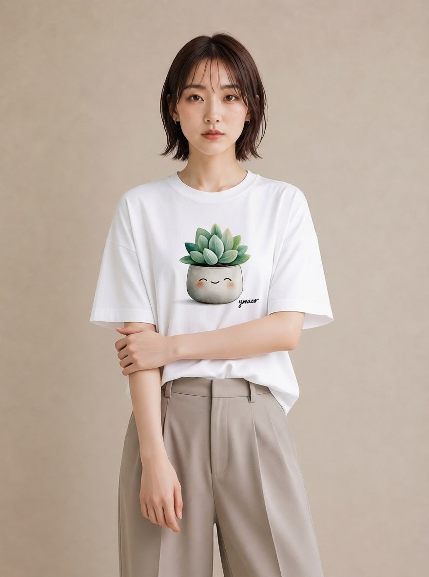 プリントTシャツ レディース 多肉植物 植物 ボタニカル イラスト 可愛い 社会人 女性 白T YMAZO