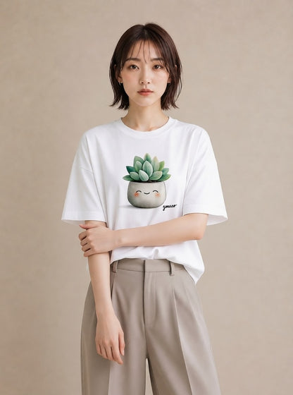 プリントTシャツ レディース 多肉植物 植物 ボタニカル イラスト 可愛い 社会人 女性 白T YMAZO