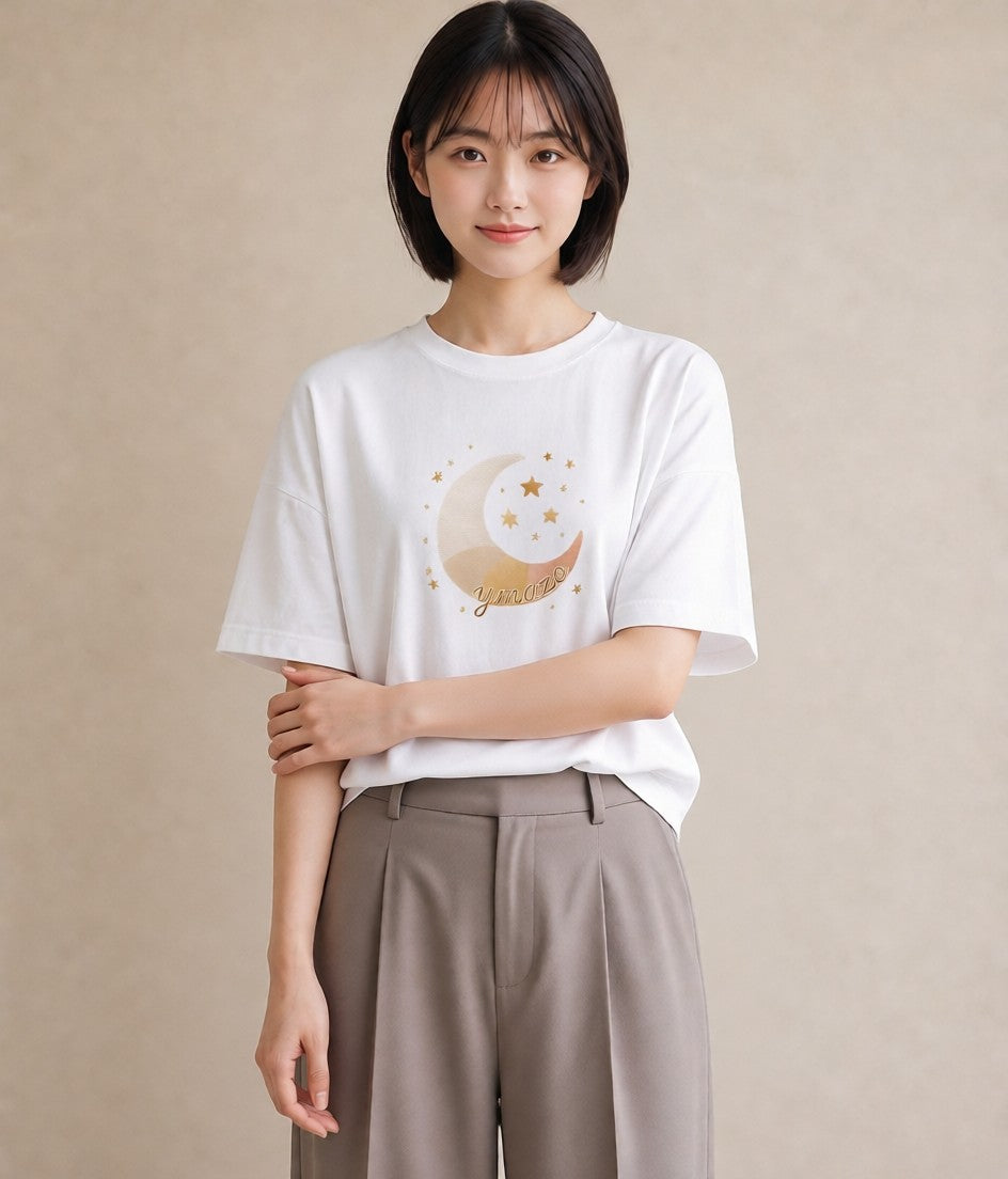 プリントTシャツ レディース 満月 星空 宇宙 イラスト ゆるかわ 春コーデ 姉妹 白T YMAZO