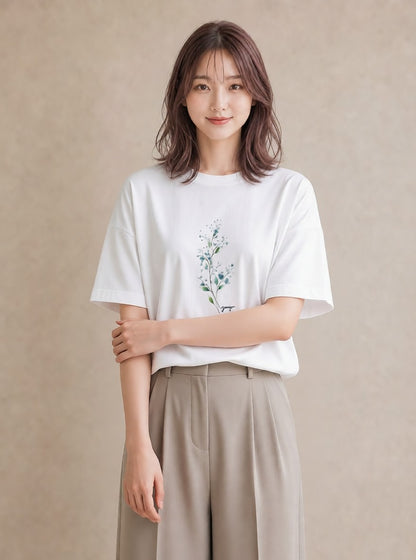 Tシャツ レディース カスミソウ かすみ草 花 花柄 イラスト ゆるコーデ 送別ギフト 通勤 白T YMAZO