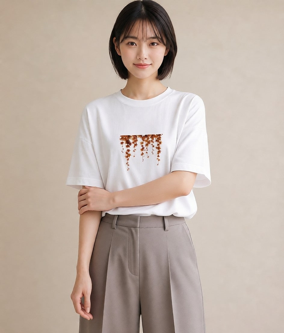 グラフィックTシャツ レディース 落ち葉 植物 ボタニカル イラスト ミニマル おしゃれギフト 社会人 白T YMAZO