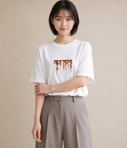 グラフィックTシャツ レディース 落ち葉 植物 ボタニカル イラスト ミニマル おしゃれギフト 社会人 白T YMAZO