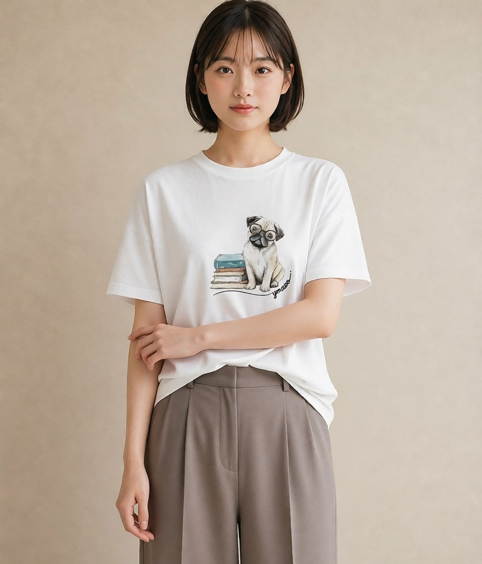 デザインTシャツ レディース パグ 犬 いぬ イラスト 韓国風 女子会 お揃い 白T YMAZO