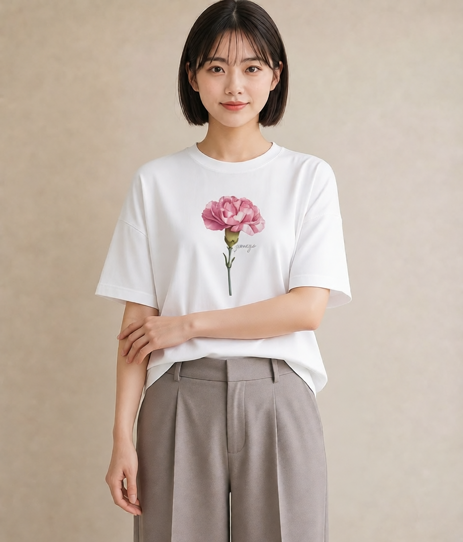 Tシャツ レディース カーネーション 花 花柄 イラスト 北欧風 送別ギフト 通勤 白T YMAZO