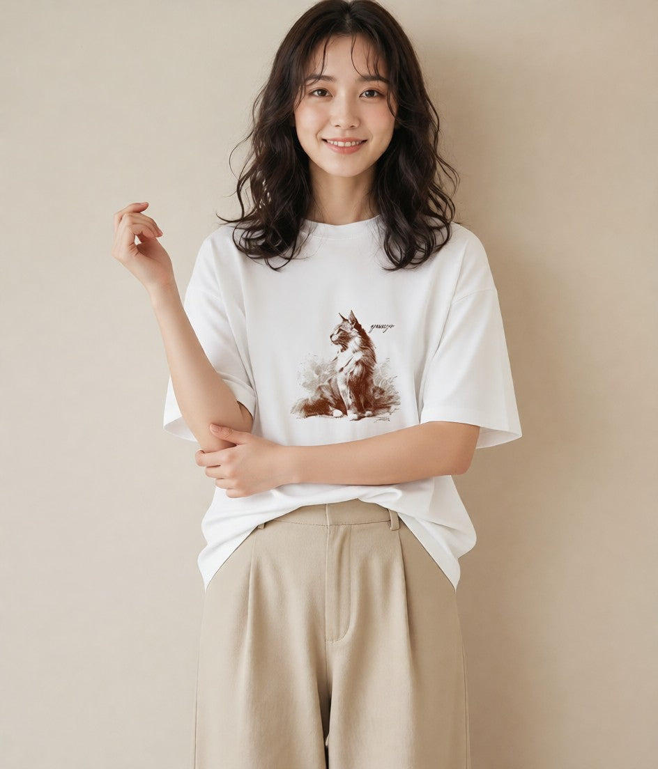 グラフィックTシャツ レディース ソマリ 猫 ねこ イラスト 水彩風 買い物 夏コーデ 白T YMAZO